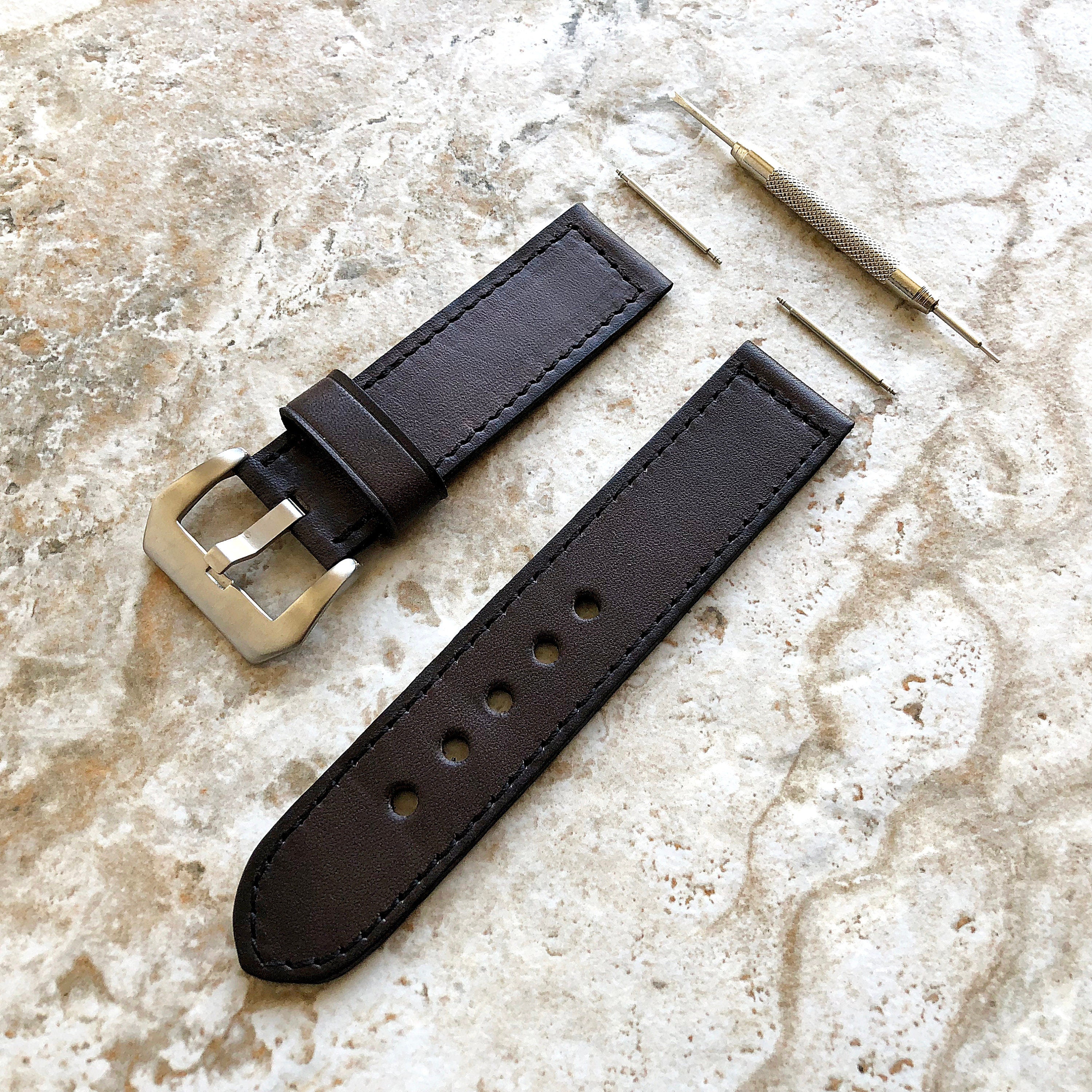 22mm Dark Brown 20mm 24mm Width Handmade Double Sided Stitched Premium Genuine Leather Watch Band Strap Kit for Watches - Pins Buckle Tool